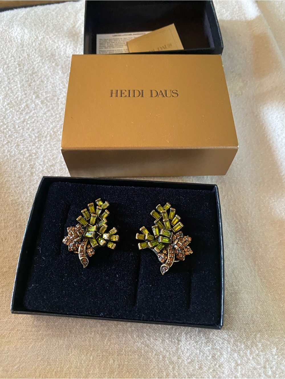 Heidi Daus Topaz Green and Amber Crystal Leaf Clip-On Earrings